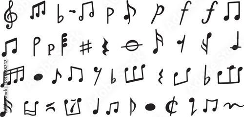 Doodle musical notes and symbols for melody, rhythm and composition. Clef, sharp, flat, rest and dynamics, accidentals sound hand drawn design musical elements black and white line art vector set