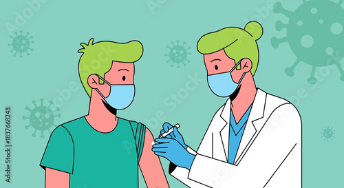 Healthcare professional gives vaccine shot to a masked patient, illustrating the crucial public health concept of disease prevention and immunity in a detailed flat vector graphic