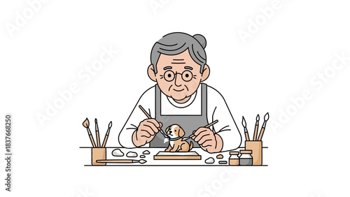 Illustration of an elderly woman painting a small dog sculpture at a desk with brushes and paint