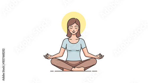 A stylized cartoon of a woman in lotus position, meditating under a sun halo, on a white background