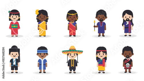 Cartoon-style people in diverse traditional clothing, on a white background, showcasing different cultures with smiles