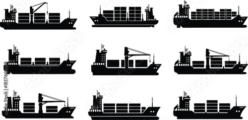 Silhouette illustrations of various cargo ships and port crane elements