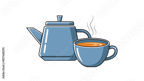 Steaming cup of tea beside a blue teapot, with minimalistic vector illustration on a plain white backdrop