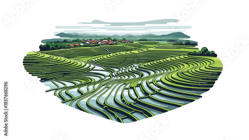 Illustration of green rice terraces with winding water channels and village in the background, set against a cloudy sky