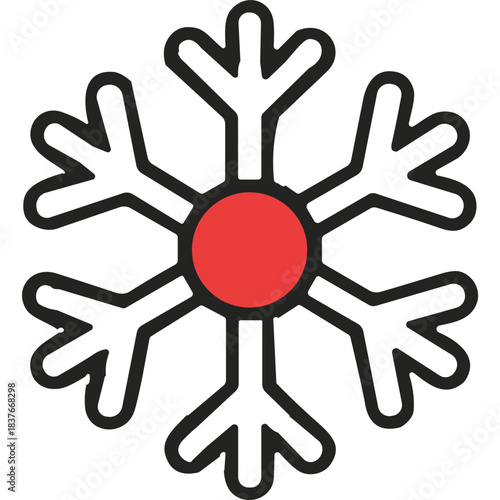 Stylized Snowflake Icon with Red Center on Black Background Minimalist Geometric Winter Symbol