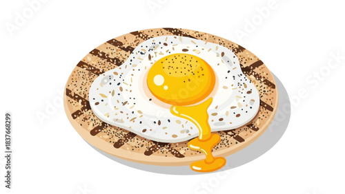 Cartoon-style sunny-side up egg atop an everything bagel with dripping yolk, set against a white background