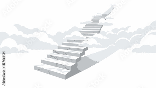 Illustration of stairs leading up through clouds. Shades of grey & white. Marble texture on the stairs