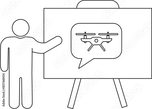 Stick figure presenting a drone on a whiteboard atop an easel