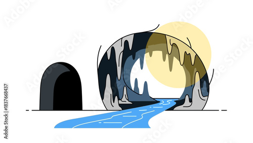 Cave entrance with a flowing river, bathed in sunlight