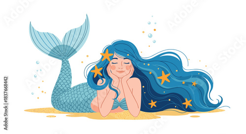 Beautiful mermaid with long blue hair and starfish lying on the sandy seabed with a dreamy expression on her face.