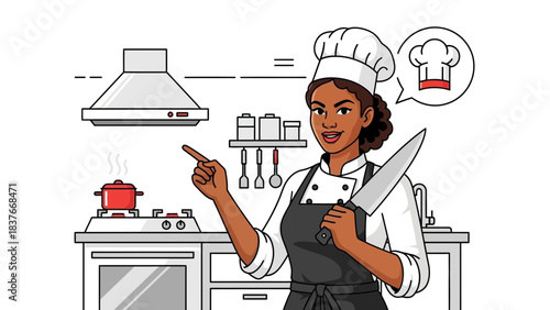 Illustration of a chef in a kitchen, pointing at a pot on the stove, thinking about the chef's hat