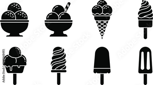 Variety of ice cream treats in black and white silhouette style