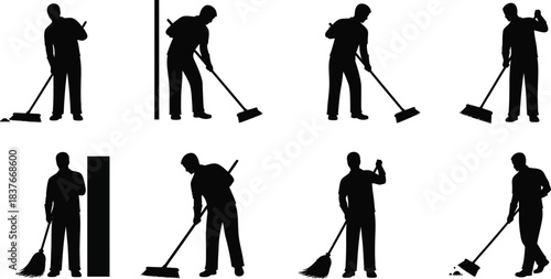 Silhouettes of people sweeping and cleaning floors with various tools