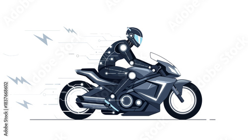 Futuristic robot riding a stylized motorcycle with motion lines behind for speed, on a white background