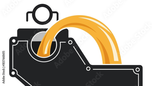 Stylized black machine pouring a golden liquid in an arch, isolated on white. Minimalist design in vector format