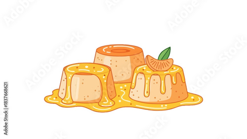 Illustration of three orange puddings with syrup and an orange slice and leaf on the rightmost pudding