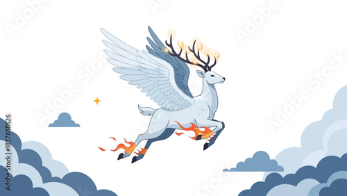 Stylized art featuring a winged, fiery-hoofed deer soaring amidst clouds against a white backdrop