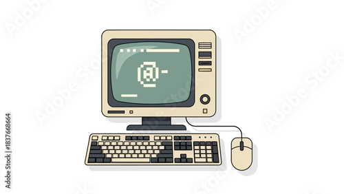 Retro computer display with keyboard and mouse on white backdrop