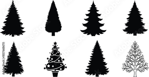 Collection of black silhouette pine trees and a decorated christmas tree