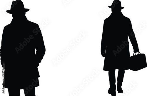Silhouetted figures of people wearing coats and hats against a white background
