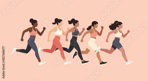 Diverse group of women running together in a flat vector illustration, promoting fitness and an active healthy lifestyle with friendship
