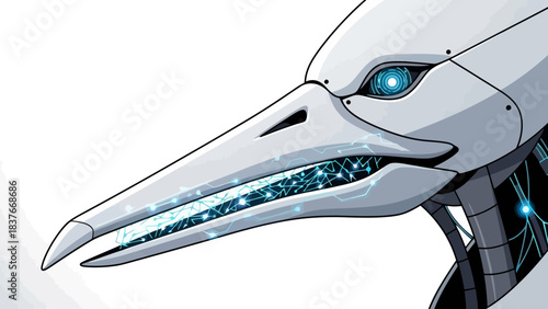 A stylized robotic bird head, featuring white metal, blue circuits, and a glowing eye, against a white background