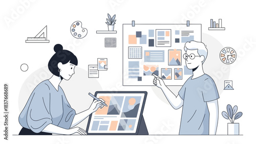 Two artists collaborate on a project, one using a tablet, the other pointing at a board