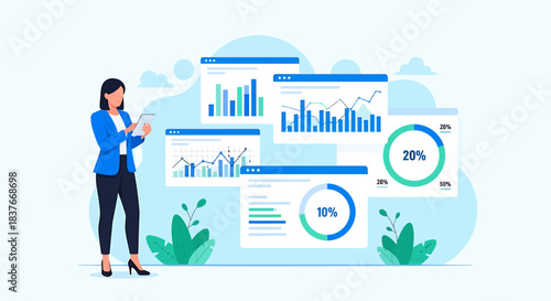 Flat vector illustration of a woman analyzing financial data on charts and graphs with pie charts and bar graphs