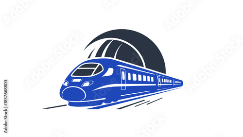 Stylized blue high-speed train exiting a tunnel, against a white background, evokes speed and modernity