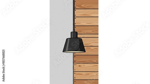 Interior scene shows a black pendant lamp hanging against concrete wall and a section of horizontally aligned wood planks