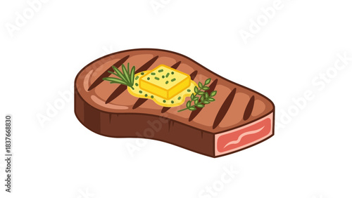 Stylized cartoon-style grilled steak, featuring a pat of butter and herb garnish on a white background