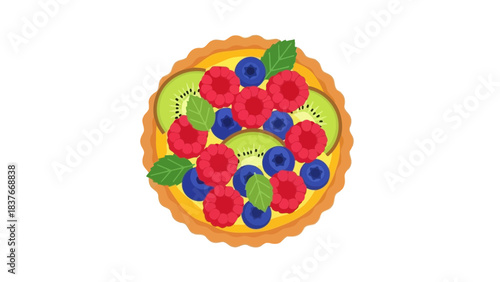 Colorful fruit tart with a yellow crust and filling, topped with berries, kiwi, and small green leaves