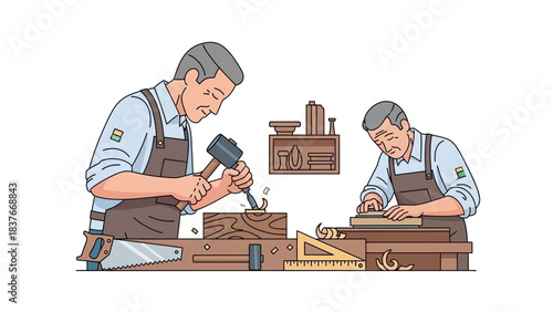Two men, working wood at a bench using tools