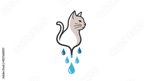 Stylized cat-shaped water filtration icon with falling blue water drops on a white background