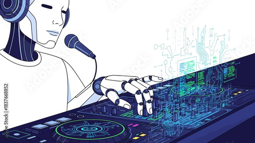 A stylized illustration of a robot DJ with headphones, microphone, and futuristic soundboard interface
