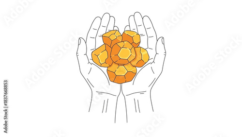 Two hands hold a pile of orange, faceted geometrical shapes against a stark white background