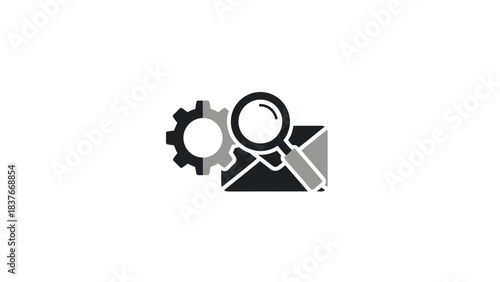 Gear, magnifying glass, and mail envelope in gray and black tones on a white background