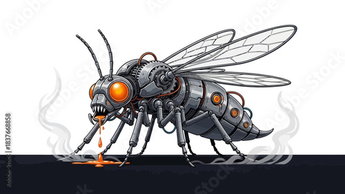 Intricate robotic wasp with translucent wings hovering above a dark surface with steaming orange fluid