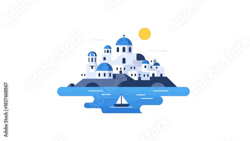 Island cityscape with white buildings, blue domes, a calm sea, sailboat, sunny sky, minimalist design