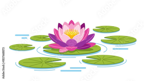 A vibrant vector illustration of a pink lotus surrounded by green lily pads on a white background