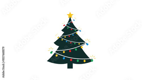 Stylized Christmas tree with colorful lights and a golden star on a white background