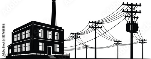 Vintage industrial factory building with tall smokestack and complex electrical power transmission lines, utility poles, and transformers supplying energy for manufacturing,