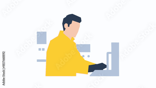 Geometric illustration of a worker in a yellow coat operating machine