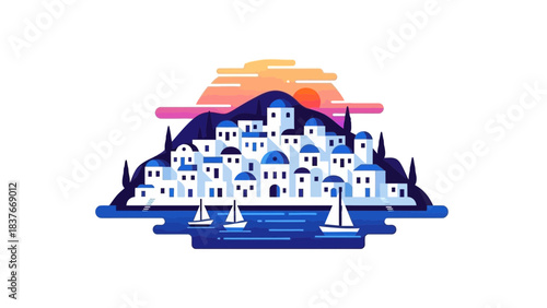 Vector illustration of a coastal village with white buildings and blue accents at sunset