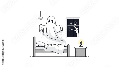 Ghostly apparition in a bedroom at night, illuminated by a candle on a nightstand next to a window and bed