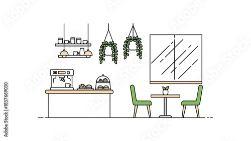 Line art café scene with hanging plants, shelving, coffee machine, seating, and a large window with a slanting line pattern