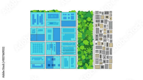 Aerial illustration depicting urban planning buildings, green spaces, city