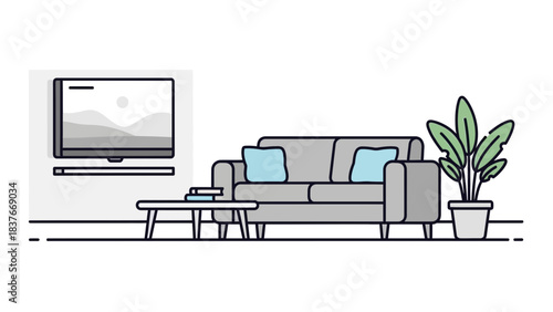 Line art living room scene with sofa, plant, TV, and coffee table in a simple modern style