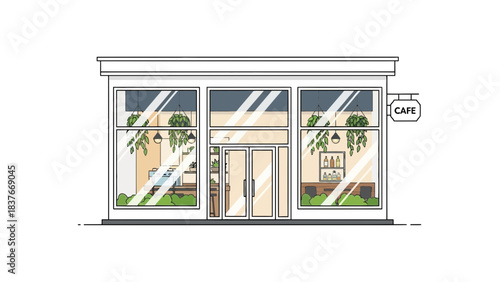 Line art illustration of a cafe front with plants and interior details visible through large windows