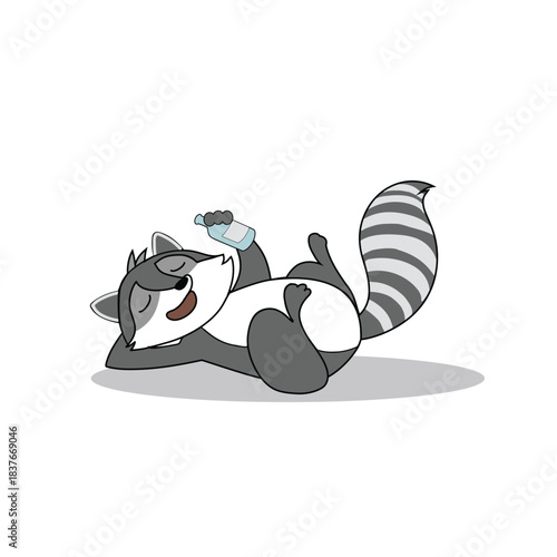Cute cartoon raccoon lying with a bottle — funny illustration about alcohol harm